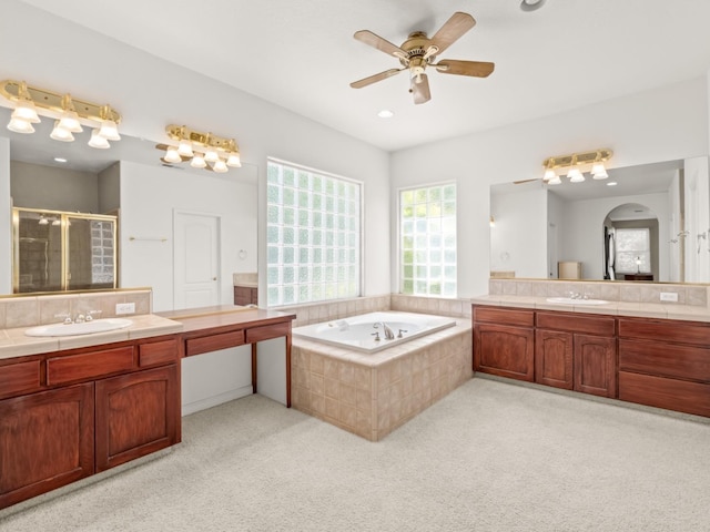 9596 N Winery Ave, Fresno, CA 93720 - full bathroom with ceiling fan, a sink, two vanities, a shower stall, and a bath