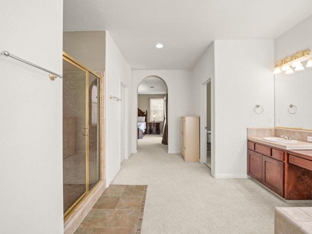 9596 N Winery Ave, Fresno, CA 93720 - full bath featuring vanity, ensuite bathroom, baseboards, recessed lighting, and a shower stall