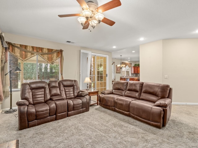 9596 N Winery Ave, Fresno, CA 93720 - living room with carpet, a ceiling fan, baseboards, recessed lighting, and visible vents