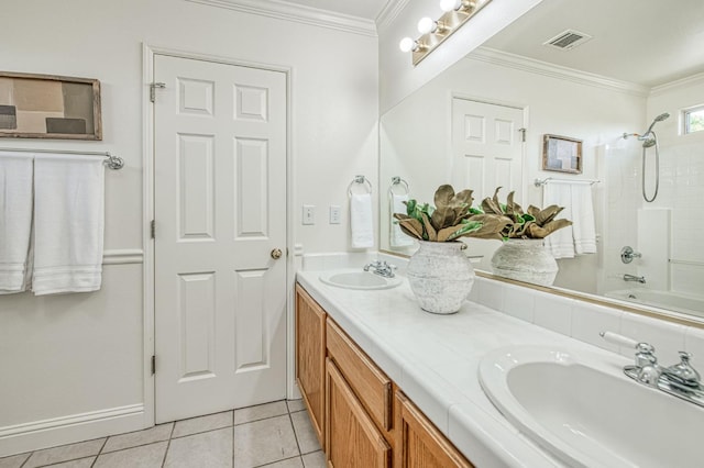 full bathroom featuring crown molding, visible vents, a sink, and tile patterned flooring