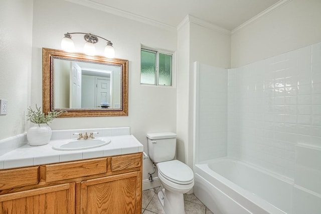full bath featuring crown molding, tile patterned flooring, vanity, baseboards, and toilet