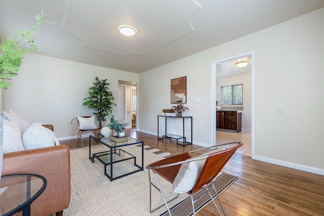living room with baseboards and light wood finished floors