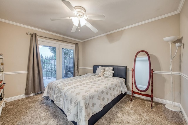 carpeted bedroom with access to outside, baseboards, crown molding, and ceiling fan