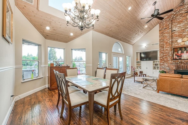 dining space with wood-type flooring, high vaulted ceiling, visible vents, and baseboards