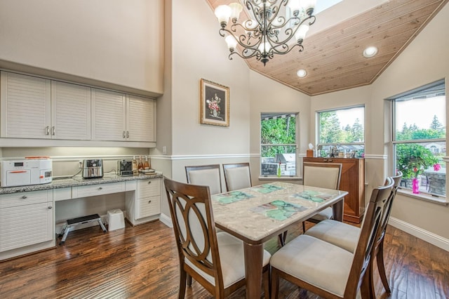 dining space with an inviting chandelier, built in desk, recessed lighting, dark wood-type flooring, and vaulted ceiling
