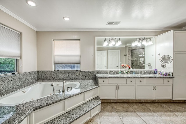 bathroom with crown molding, vanity, a whirlpool tub, a shower stall, and visible vents