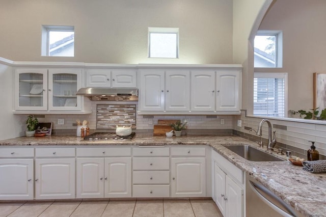 kitchen with a sink, arched walkways, stainless steel appliances, backsplash, and under cabinet range hood