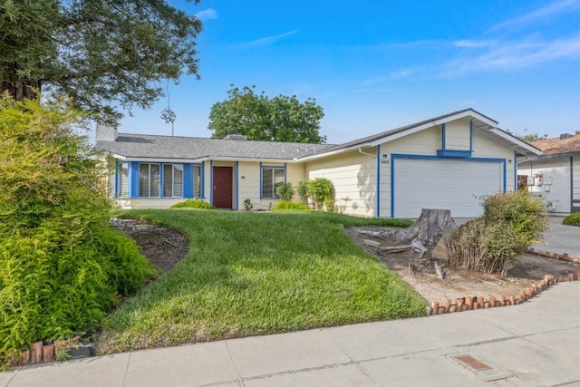 1215 Fremont Ave, Clovis, CA 93612 - ranch-style house featuring a garage, a chimney, and a front yard