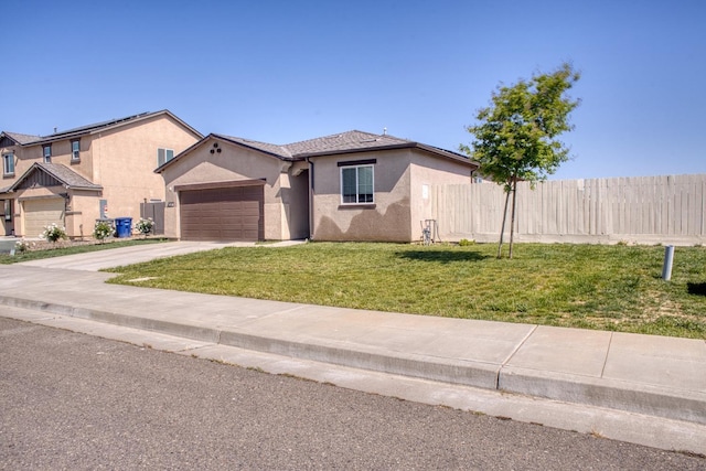 single story home featuring stucco siding, a garage, fence, and concrete driveway