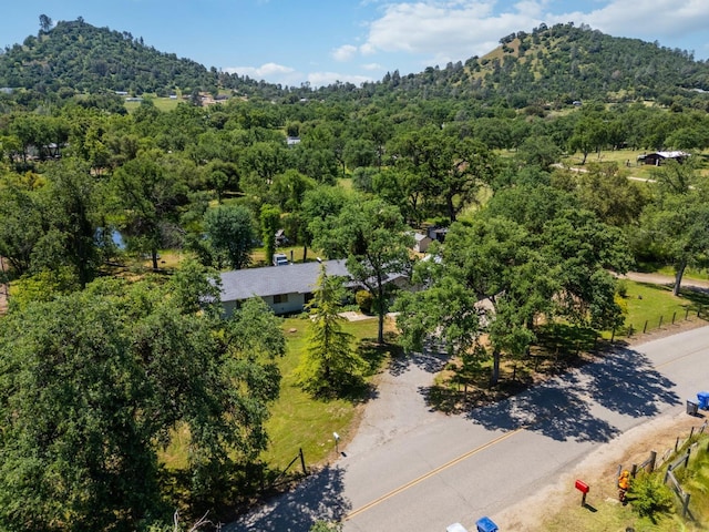 drone / aerial view with a wooded view