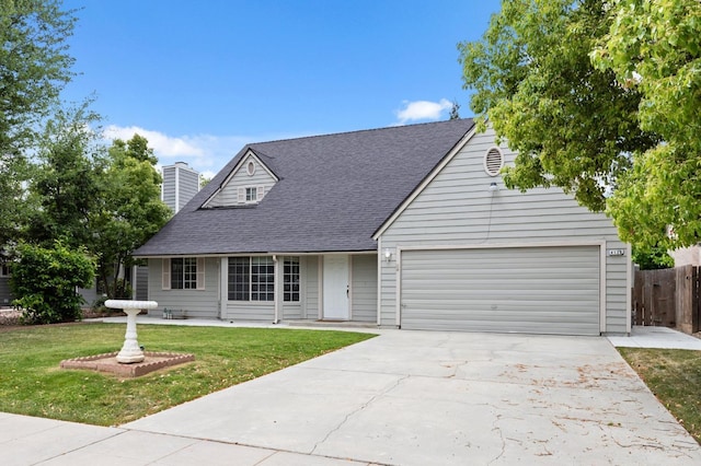 cape cod-style house with fence, driveway, a chimney, and a front lawn