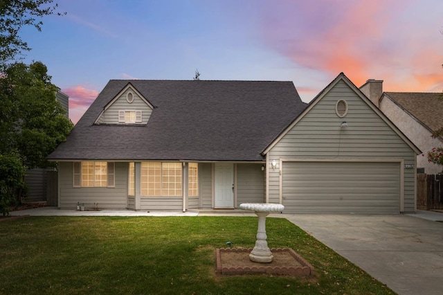 cape cod home featuring a garage, a front yard, a chimney, a shingled roof, and driveway