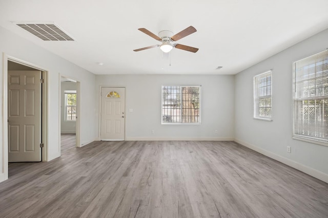 635 N San Pablo Ave, Fresno, CA 93728 - unfurnished living room featuring visible vents, a ceiling fan, baseboards, and light wood-type flooring