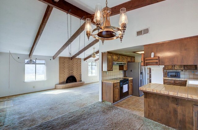 kitchen with appliances with stainless steel finishes, a wealth of natural light, light carpet, and visible vents
