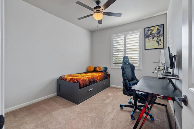 bedroom with baseboards, ceiling fan, and light colored carpet