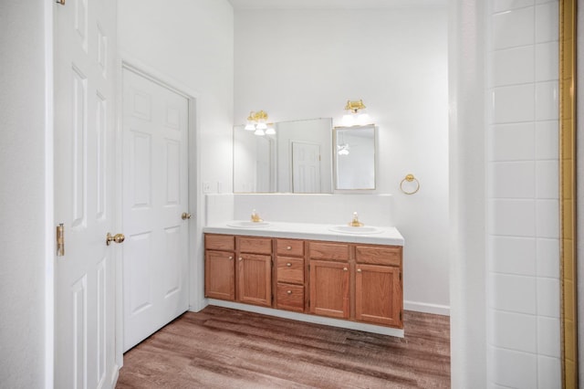 bathroom featuring double vanity, a sink, and wood finished floors