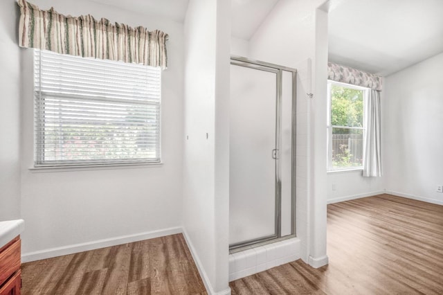 interior space with baseboards, wood finished floors, and lofted ceiling