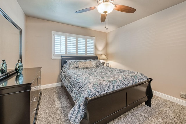 bedroom with baseboards, carpet, and ceiling fan