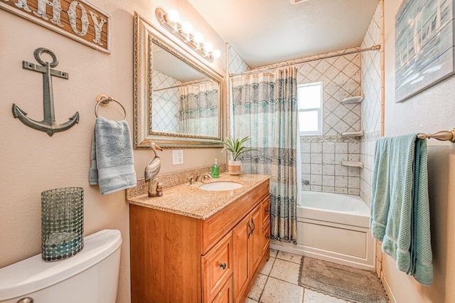 full bath with vanity, shower / bath combo with shower curtain, and toilet