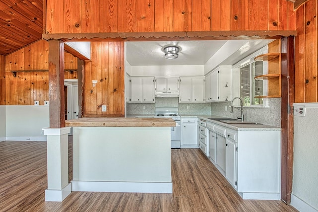 kitchen with tasteful backsplash, wood finished floors, light countertops, white range with gas cooktop, and under cabinet range hood