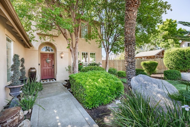 view of exterior entry with fence and stucco siding