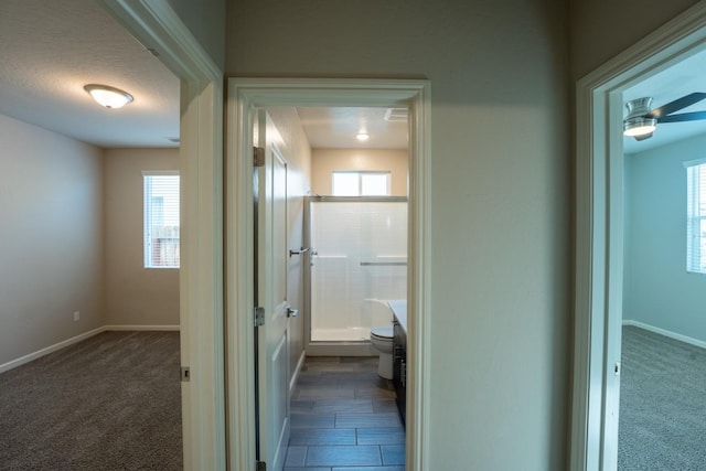 interior space with toilet, baseboards, and a shower
