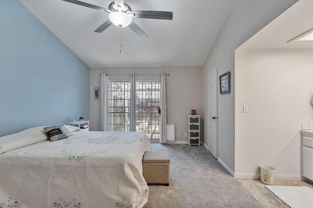 bedroom with light colored carpet, a ceiling fan, and baseboards