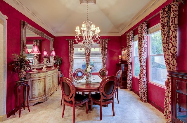 dining room featuring crown molding, light tile patterned floors, and a chandelier