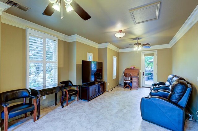 71 Omaha Ave, Clovis, CA 93619 - living area featuring a ceiling fan, crown molding, attic access, and baseboards
