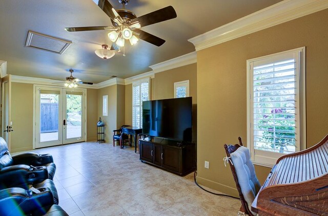 71 Omaha Ave, Clovis, CA 93619 - living room with attic access, ornamental molding, french doors, ceiling fan, and baseboards