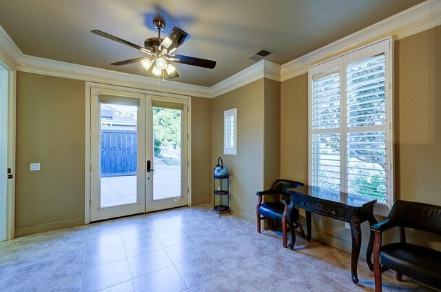 71 Omaha Ave, Clovis, CA 93619 - sitting room featuring french doors, crown molding, ceiling fan, baseboards, and tile patterned floors