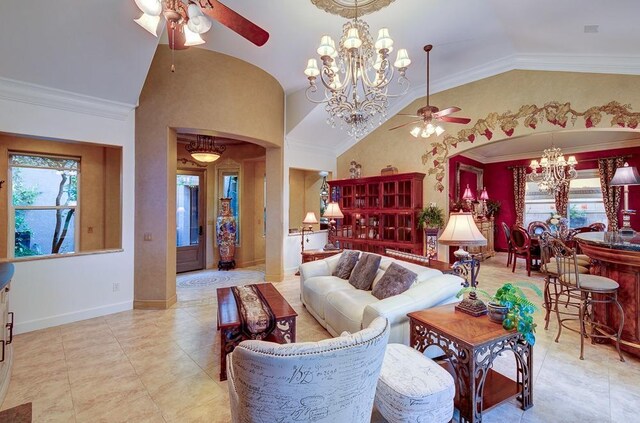 71 Omaha Ave, Clovis, CA 93619 - tiled living area featuring a ceiling fan, lofted ceiling, a chandelier, arched walkways, and baseboards