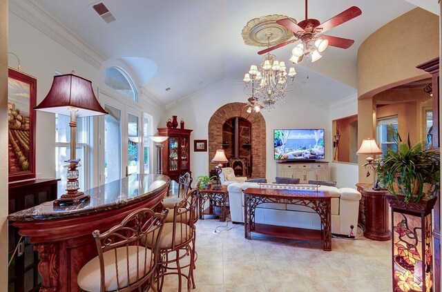 71 Omaha Ave, Clovis, CA 93619 - living area featuring a ceiling fan, lofted ceiling, and light tile patterned floors