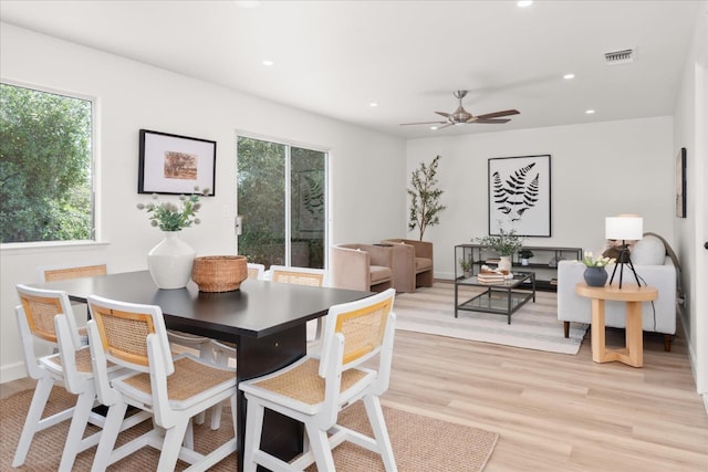 42968 Ranger Circle Dr, Coarsegold, CA 93614 - dining area with recessed lighting, ceiling fan, visible vents, and light wood-style floors