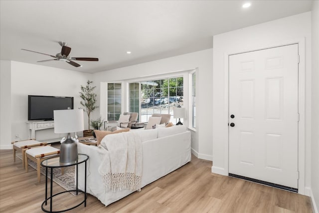 42968 Ranger Circle Dr, Coarsegold, CA 93614 - living room featuring light wood-type flooring, recessed lighting, and a ceiling fan