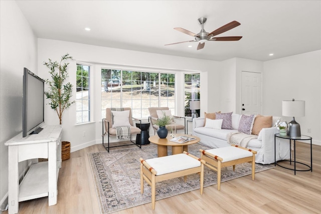 42968 Ranger Circle Dr, Coarsegold, CA 93614 - living room with baseboards, recessed lighting, light wood-style flooring, and ceiling fan