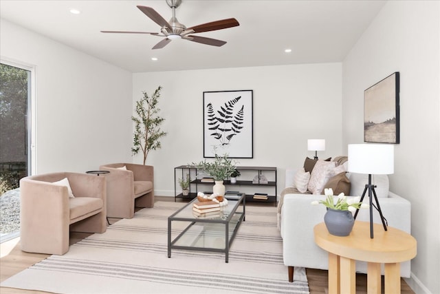 42968 Ranger Circle Dr, Coarsegold, CA 93614 - living area featuring light wood-style floors, recessed lighting, baseboards, and ceiling fan