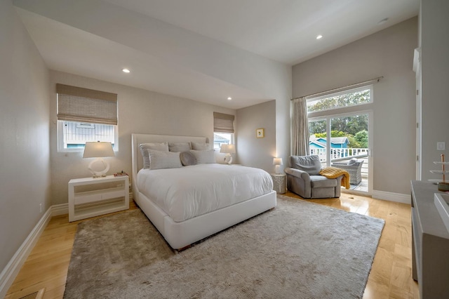 bedroom with visible vents, baseboards, access to outside, recessed lighting, and light wood-style flooring