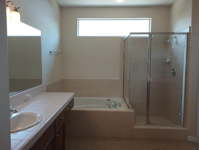 2979 Duncan Ave, Clovis, CA 93611 - bathroom featuring vanity, a stall shower, a bath, and tile patterned floors