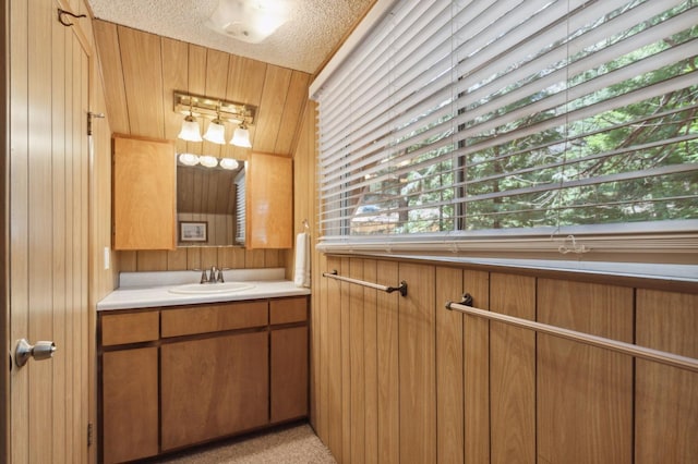 bathroom with vanity, wood walls, and a textured ceiling