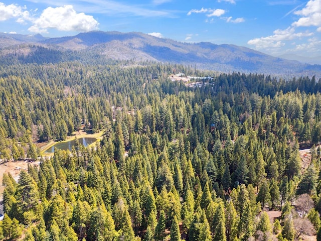 drone / aerial view with a water and mountain view and a forest view