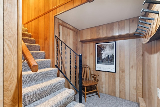 staircase with wood walls and carpet