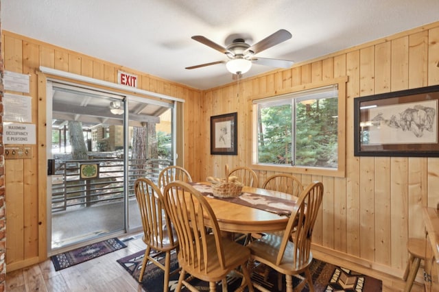 dining area with wooden walls, ceiling fan, and light wood finished floors