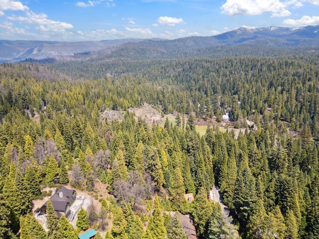birds eye view of property with a mountain view and a wooded view