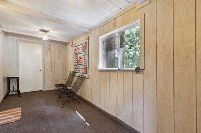sitting room with carpet floors, wood walls, and wooden ceiling