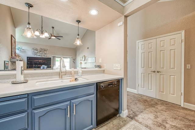 kitchen with light carpet, a sink, dishwasher, blue cabinetry, and decorative light fixtures