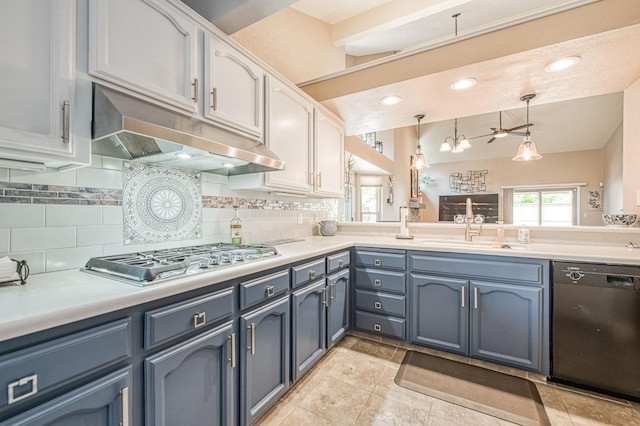 kitchen with backsplash, stainless steel gas cooktop, dishwasher, under cabinet range hood, and white cabinetry