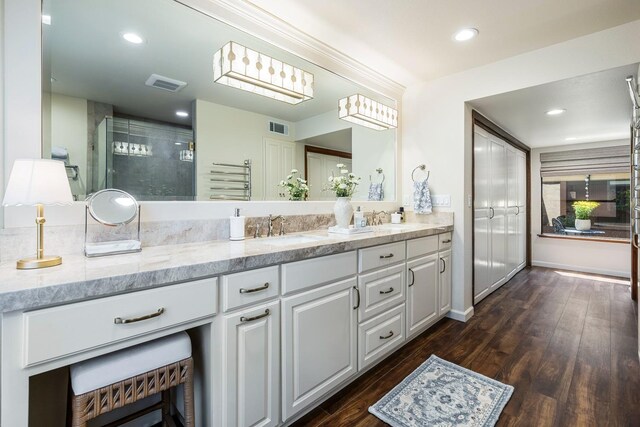 2827 W Compton Ct, Fresno, CA 93711 - bathroom featuring a sink, a stall shower, double vanity, and visible vents