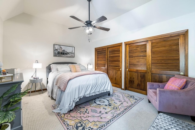 2827 W Compton Ct, Fresno, CA 93711 - bedroom with a ceiling fan, light colored carpet, two closets, and lofted ceiling