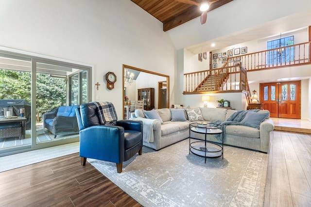 2827 W Compton Ct, Fresno, CA 93711 - living room with stairs, wood finished floors, and high vaulted ceiling